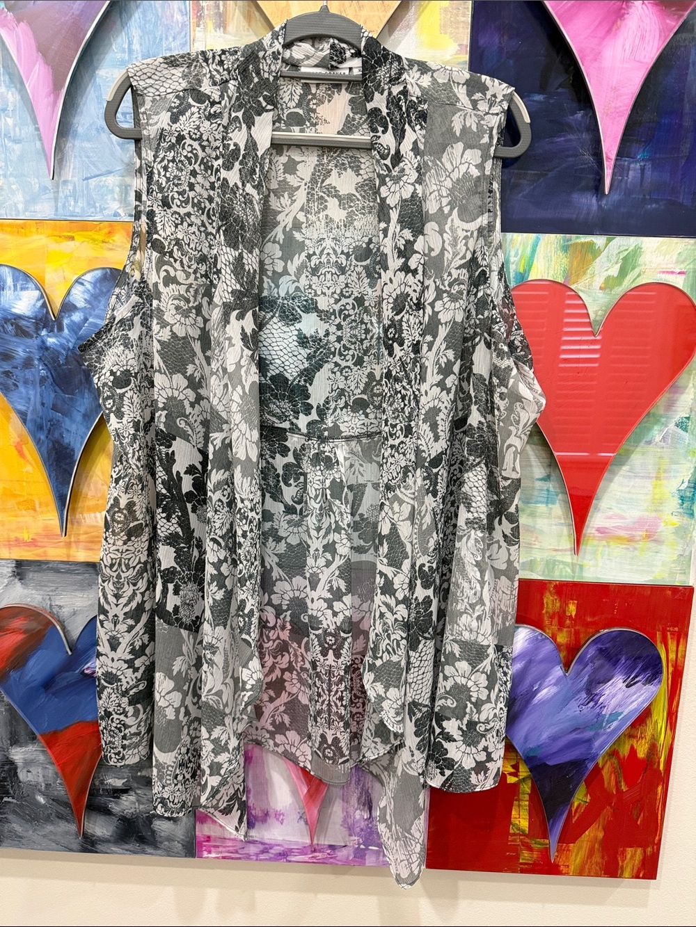 Susan Graver Gray and White Floral Sheer Sleeveless  Cardigan